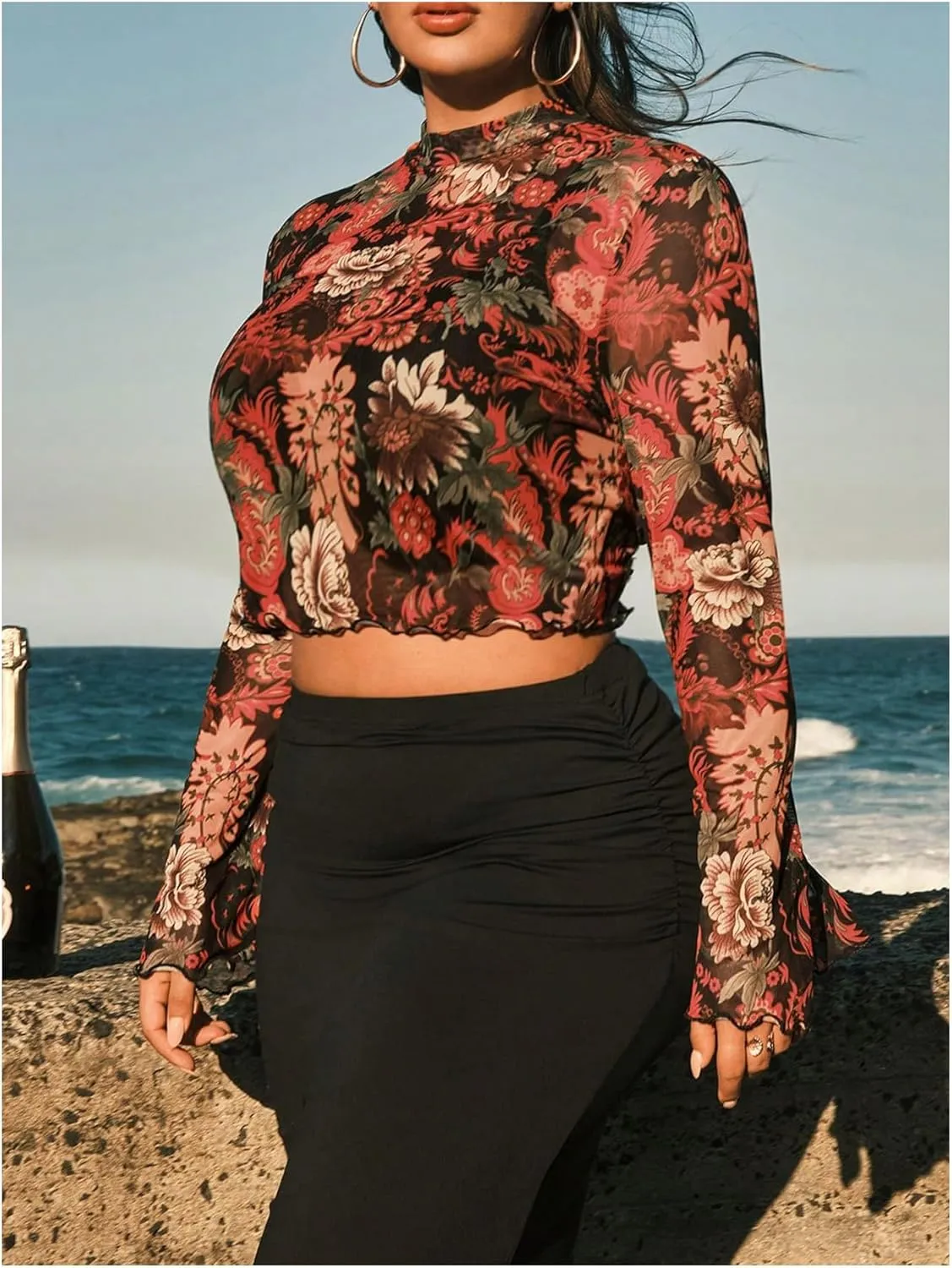 Floerns Women's Plus Size Floral Bell Sleeve Crop Tops Boho Mock Neck Tee Shirts