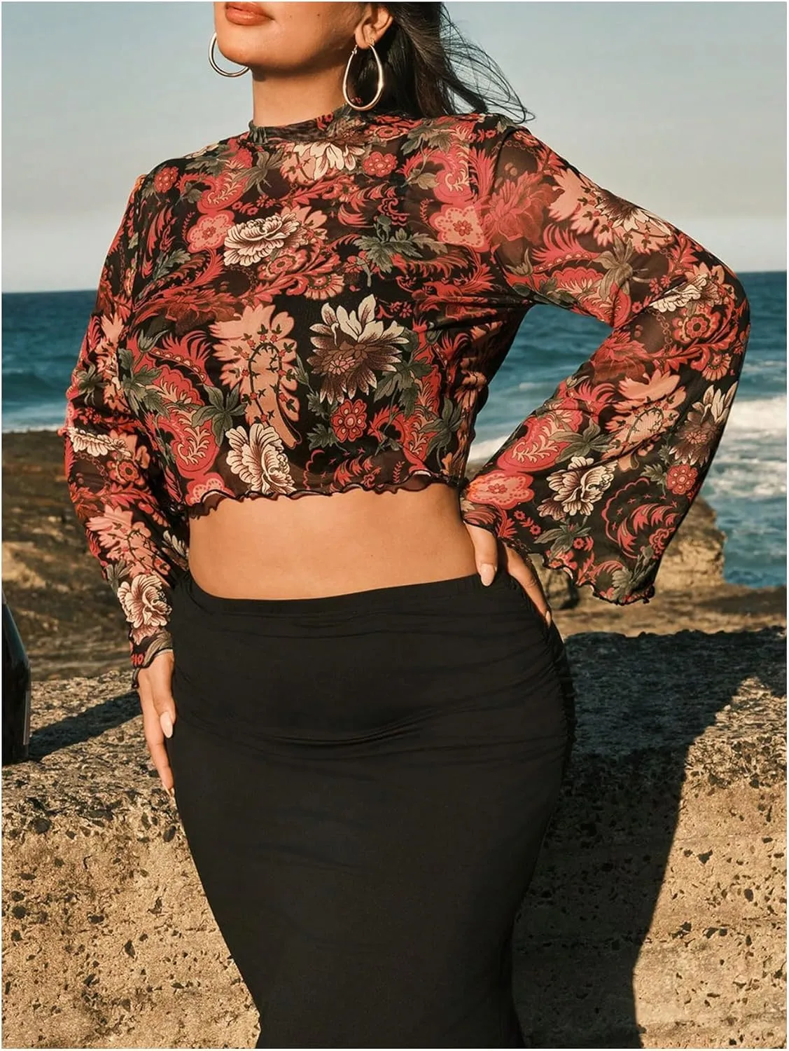 Floerns Women's Plus Size Floral Bell Sleeve Crop Tops Boho Mock Neck Tee Shirts