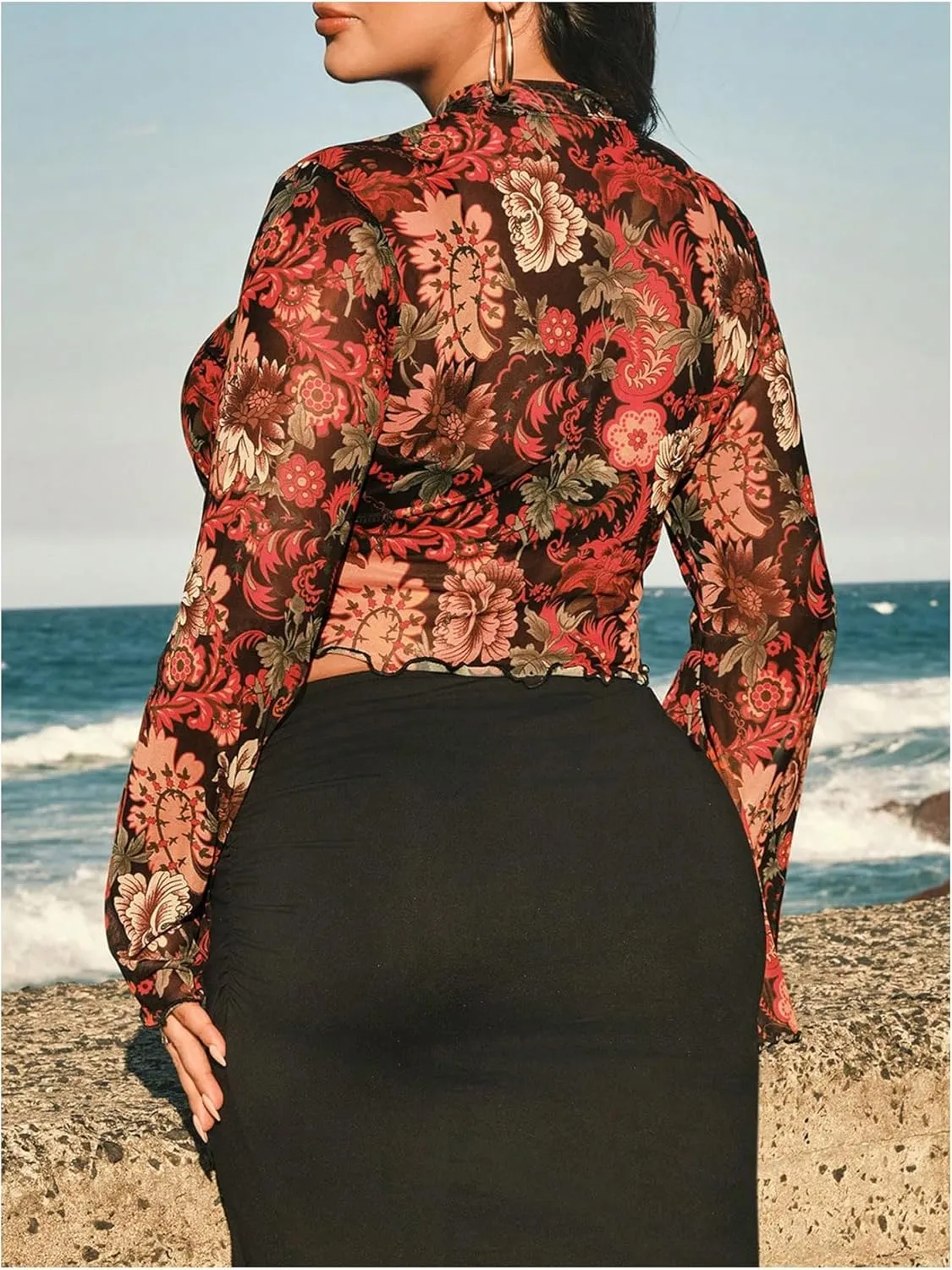 Floerns Women's Plus Size Floral Bell Sleeve Crop Tops Boho Mock Neck Tee Shirts