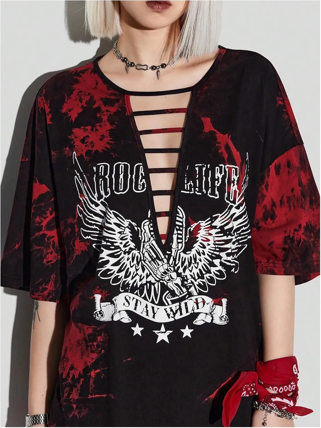 Floerns Women's Tie Dye Graphic Print Short Sleeve Cut Out Drop Shoulder Tee Dress