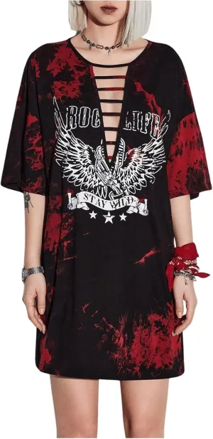 Floerns Women's Tie Dye Graphic Print Short Sleeve Cut Out Drop Shoulder Tee Dress