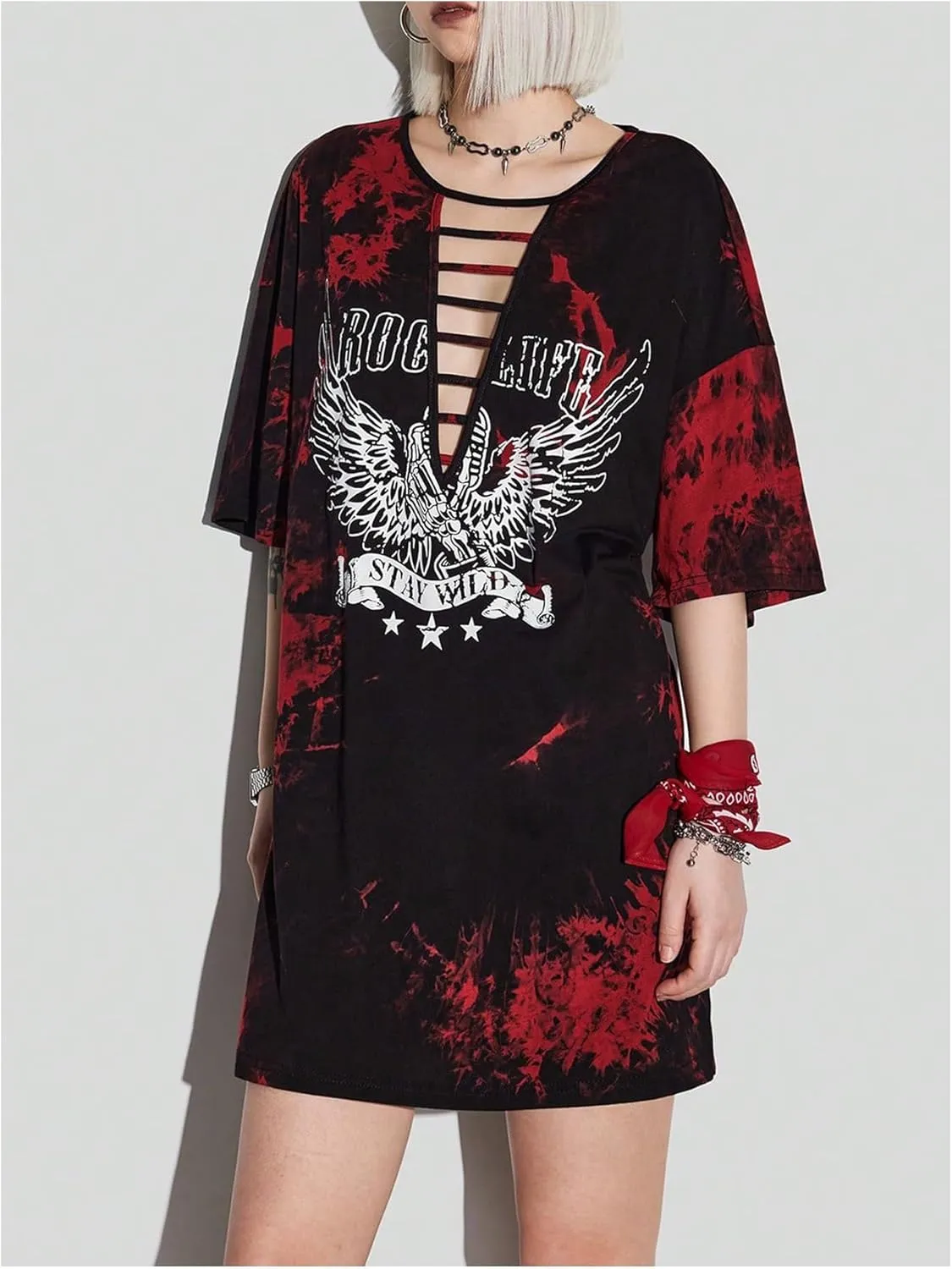 Floerns Women's Tie Dye Graphic Print Short Sleeve Cut Out Drop Shoulder Tee Dress