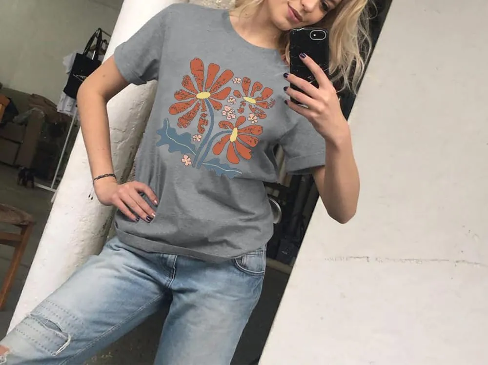 Floral Graphic Shirt Women Boho Wildflowers Tee Vintage Flower Tshirt Round Neck Loose Casual Short Sleeve Tops