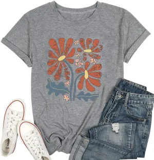 Floral Graphic Shirt Women Boho Wildflowers Tee Vintage Flower Tshirt Round Neck Loose Casual Short Sleeve Tops