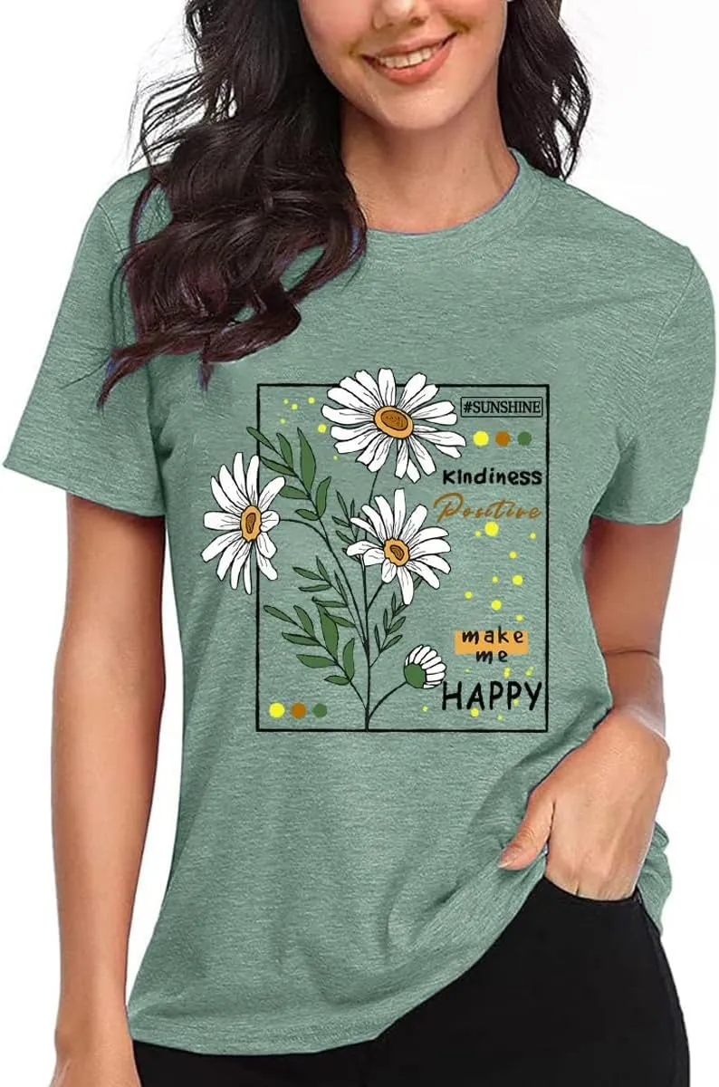 Flower Tshirts Shirts for Women Cute Dandelion Tshirt Casual Short Sleeve Wildflower Floral Heart Print Graphic Tee Tops