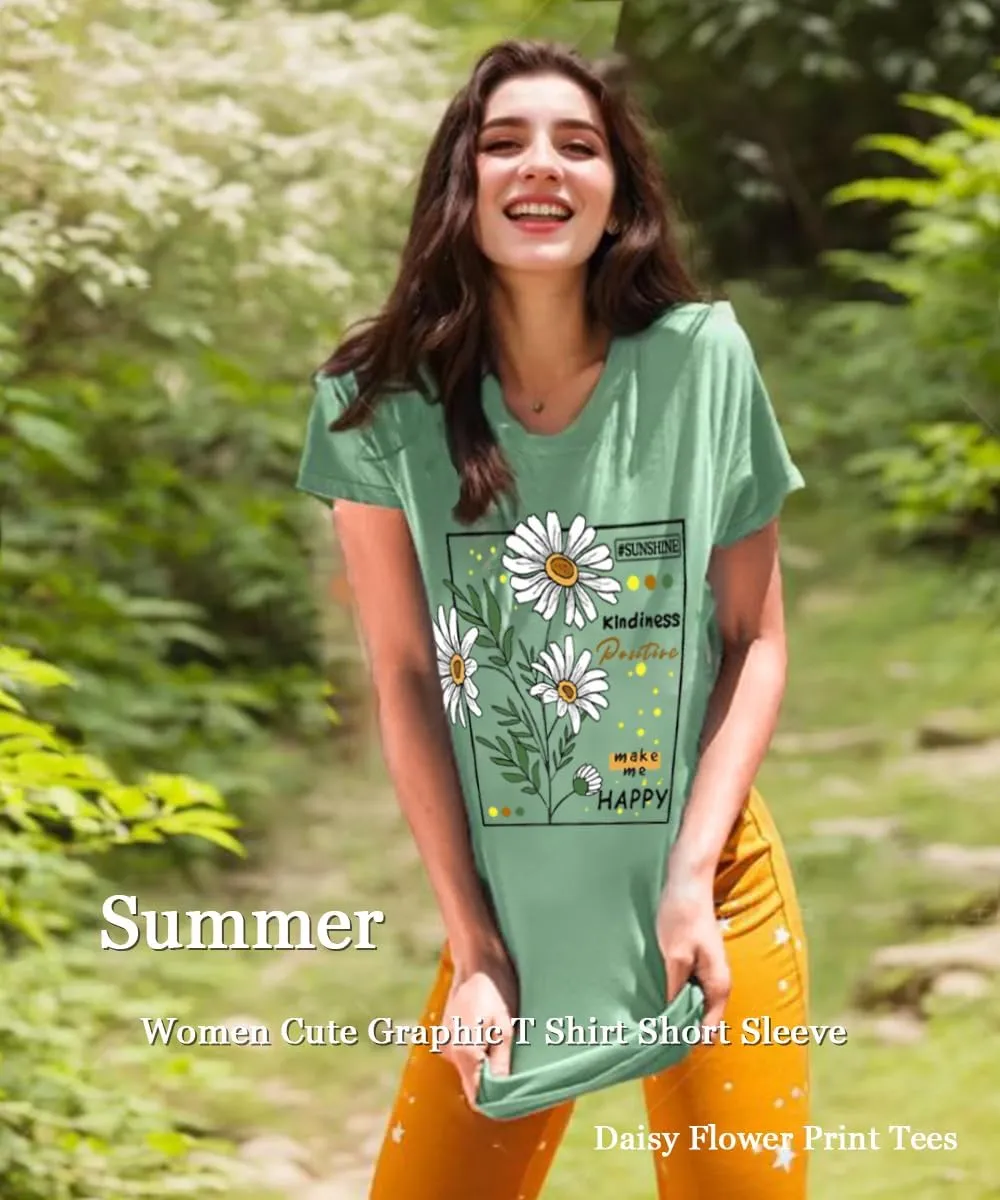 Flower Tshirts Shirts for Women Cute Dandelion Tshirt Casual Short Sleeve Wildflower Floral Heart Print Graphic Tee Tops