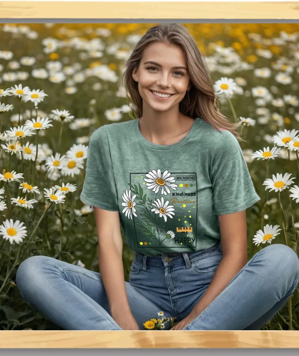 Flower Tshirts Shirts for Women Cute Dandelion Tshirt Casual Short Sleeve Wildflower Floral Heart Print Graphic Tee Tops