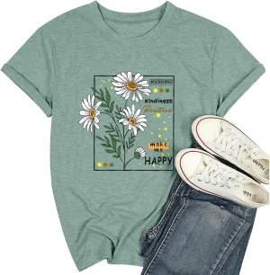 Flower Tshirts Shirts for Women Cute Dandelion Tshirt Casual Short Sleeve Wildflower Floral Heart Print Graphic Tee Tops
