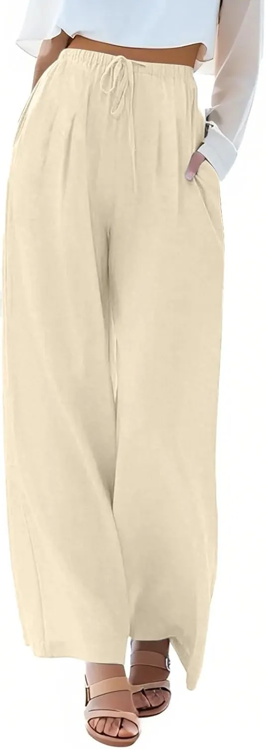 Flowy Wide Leg Linen Pants Women Summer Baggy Beach Vacation Palazzo Pants Casual High Waisted Pants with Pockets