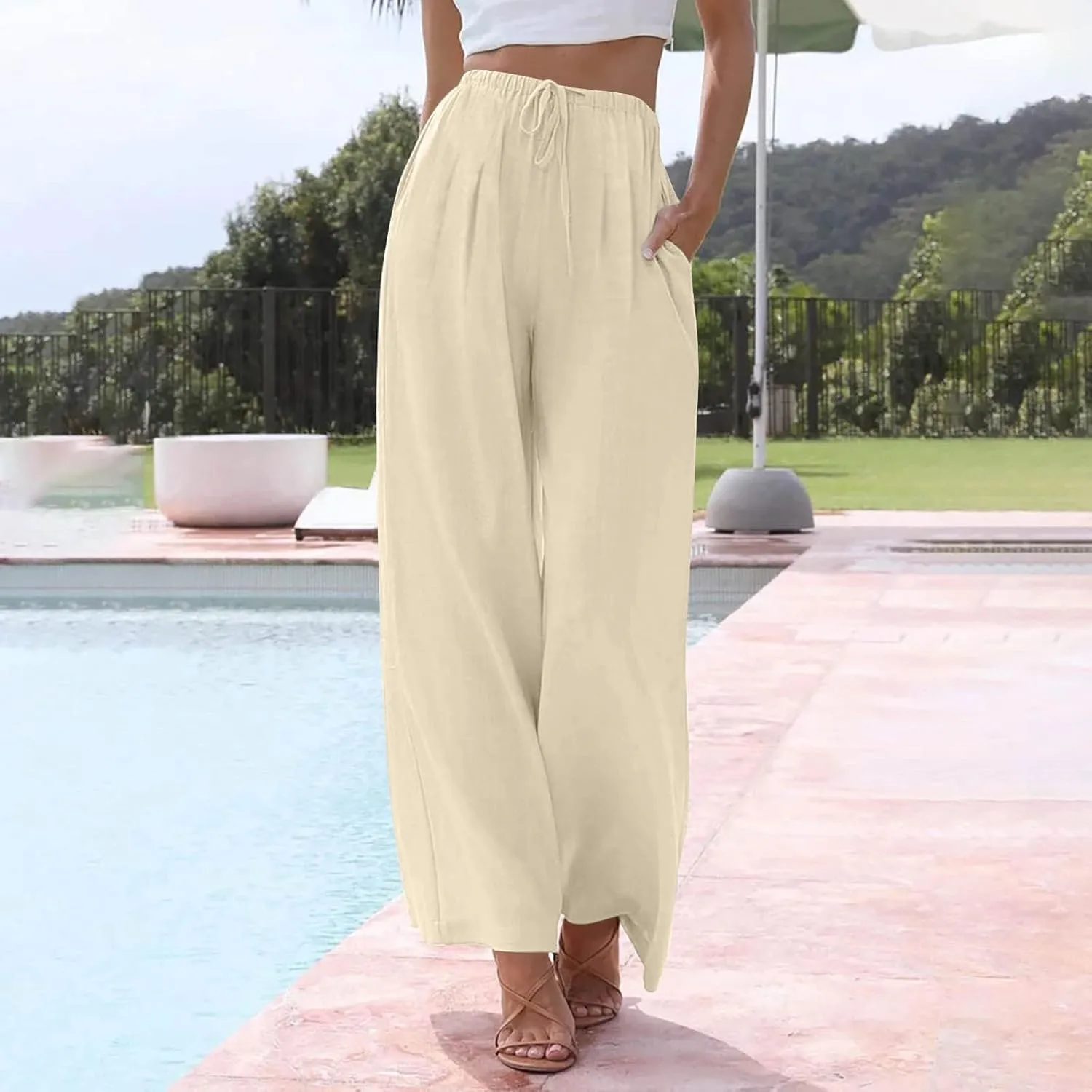 Flowy Wide Leg Linen Pants Women Summer Baggy Beach Vacation Palazzo Pants Casual High Waisted Pants with Pockets
