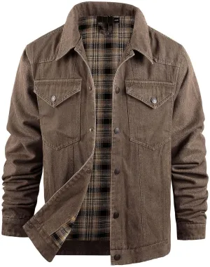 Flygo Mens Flannel Lined Denim Jacket Snap Cowboy Cut Western Classic Slim Fit Vintage Heavy Duty Jacket Trucker Coat