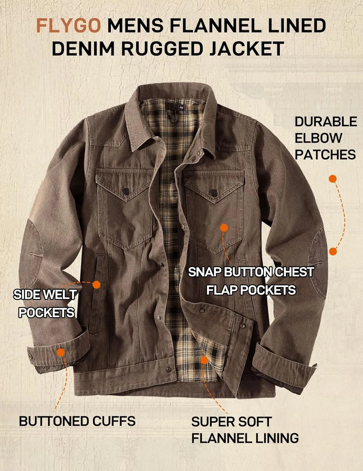 Flygo Mens Flannel Lined Denim Jacket Snap Cowboy Cut Western Classic Slim Fit Vintage Heavy Duty Jacket Trucker Coat