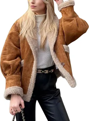 Flygo Women's Winter Faux Suede Jacket Sherpa Lined Jacket Button Down Lapel Fleece Jacket Winter Coats with Pockets(Camel-Small)