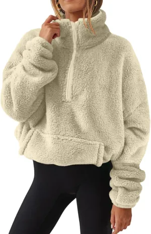 Fuzzy Fleece Sweatshirt For Women Casual Loose Half Zip Up Sherpa Pullover Sweater Warm Fall Winter Outfits