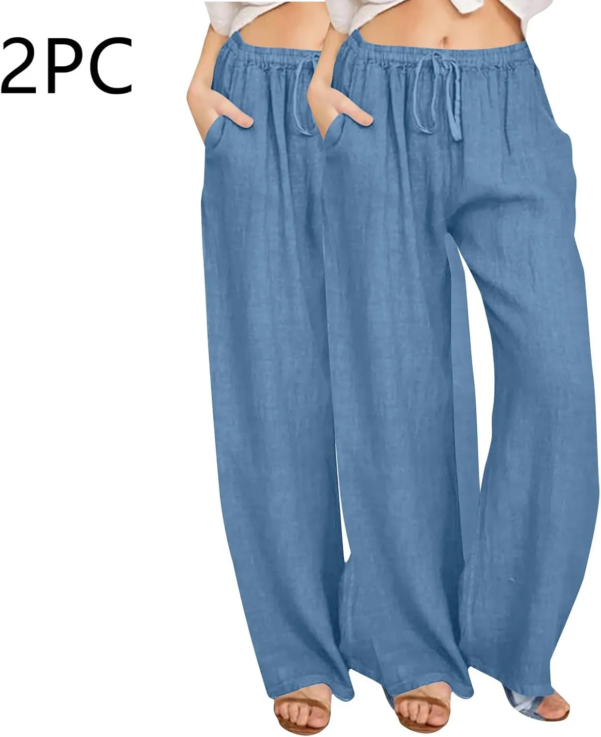 FZYLQY 2 Pcs Women's Linen Pants Casual Wide Leg High Waisted Trousers with Pockets Drawstring Loose Palazzo Lounge Pants