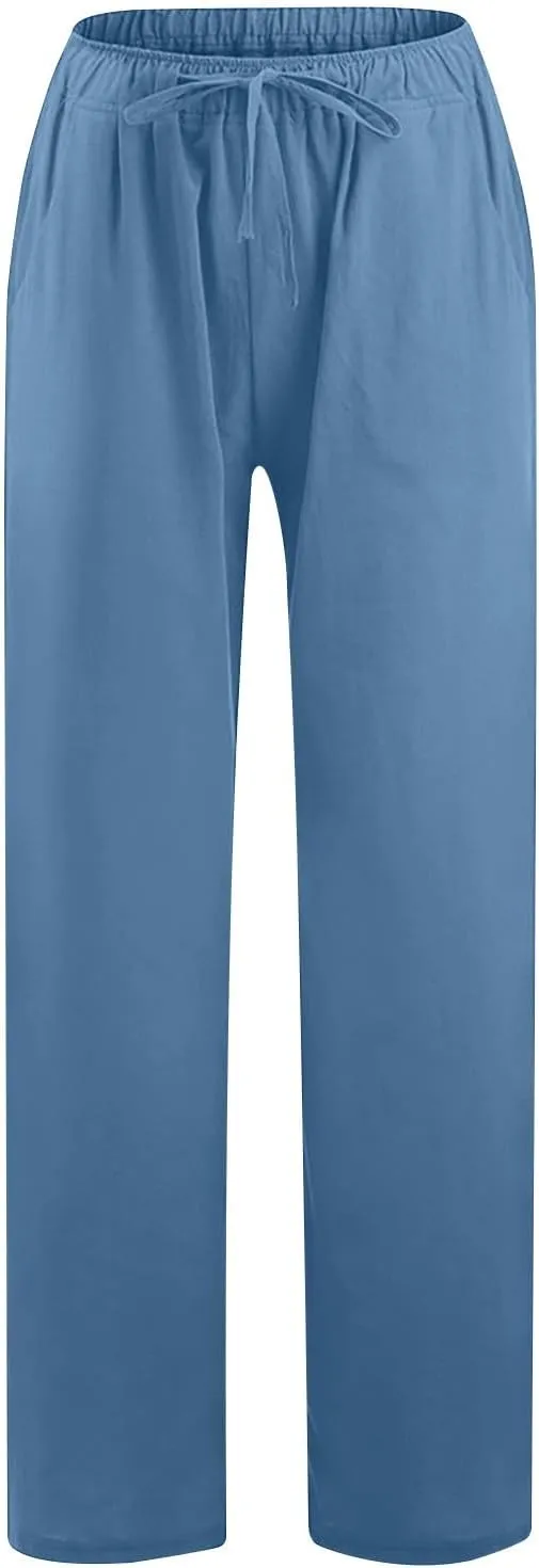FZYLQY 2 Pcs Women's Linen Pants Casual Wide Leg High Waisted Trousers with Pockets Drawstring Loose Palazzo Lounge Pants