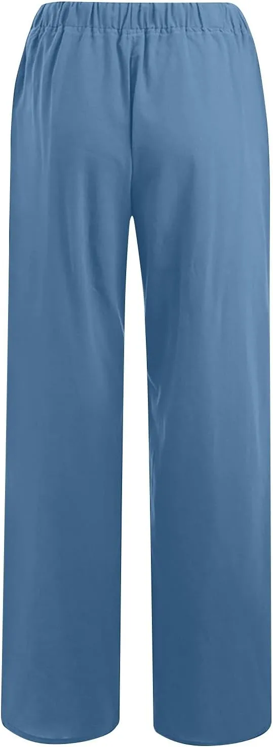 FZYLQY 2 Pcs Women's Linen Pants Casual Wide Leg High Waisted Trousers with Pockets Drawstring Loose Palazzo Lounge Pants