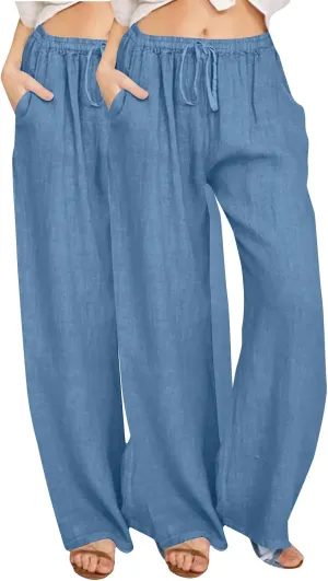 FZYLQY 2 Pcs Women's Linen Pants Casual Wide Leg High Waisted Trousers with Pockets Drawstring Loose Palazzo Lounge Pants