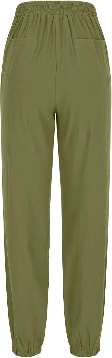 FZYLQY 2025 Linen Pants for Women Summer Casual High Waisted Drawstring Beach Pants Trendy Solid Color Trousers with Pockets