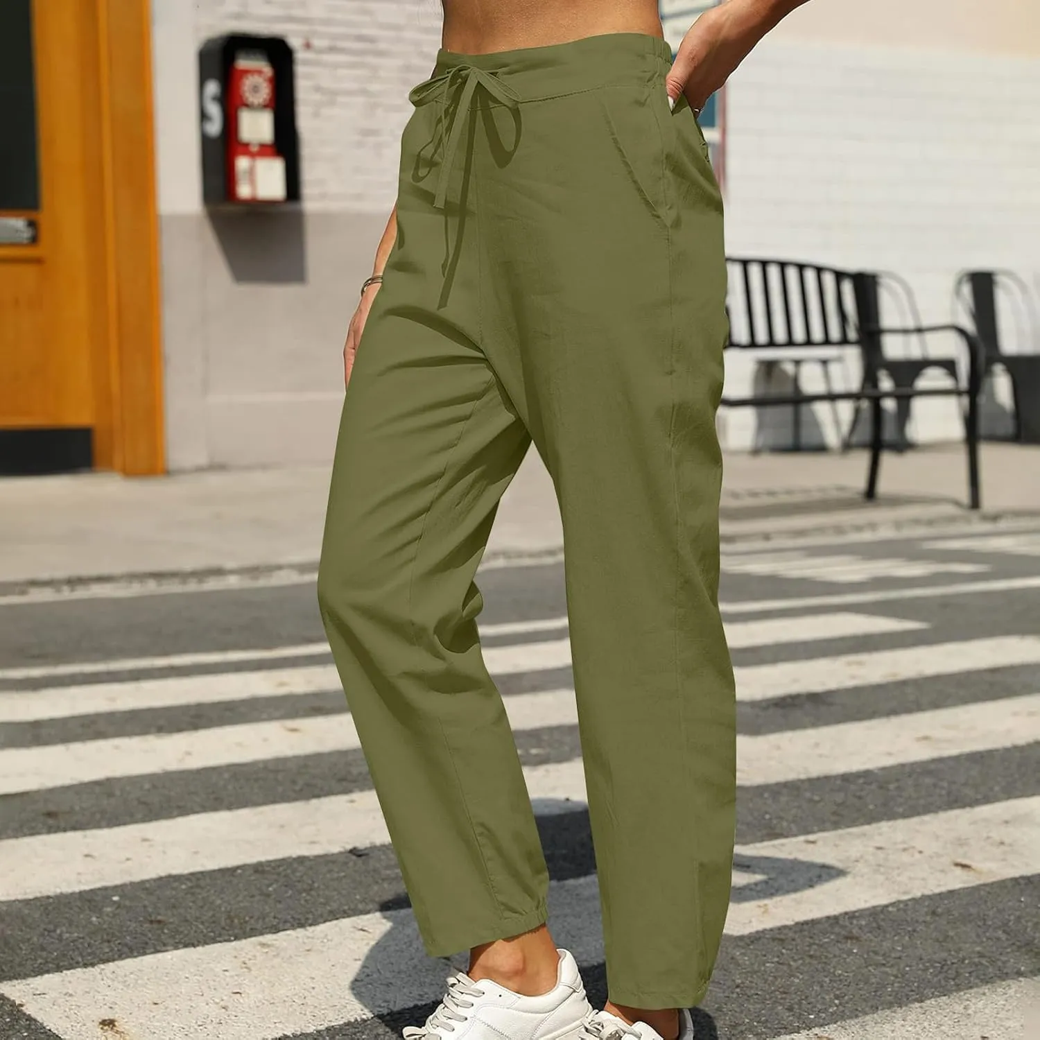 FZYLQY 2025 Linen Pants for Women Summer Casual High Waisted Drawstring Beach Pants Trendy Solid Color Trousers with Pockets