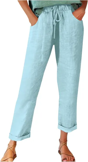 FZYLQY Cotton Linen Pants for Women 2025 Trendy Solid Elastic Waist Pants Loose Straight Leg Lounge Trousers with Pockets