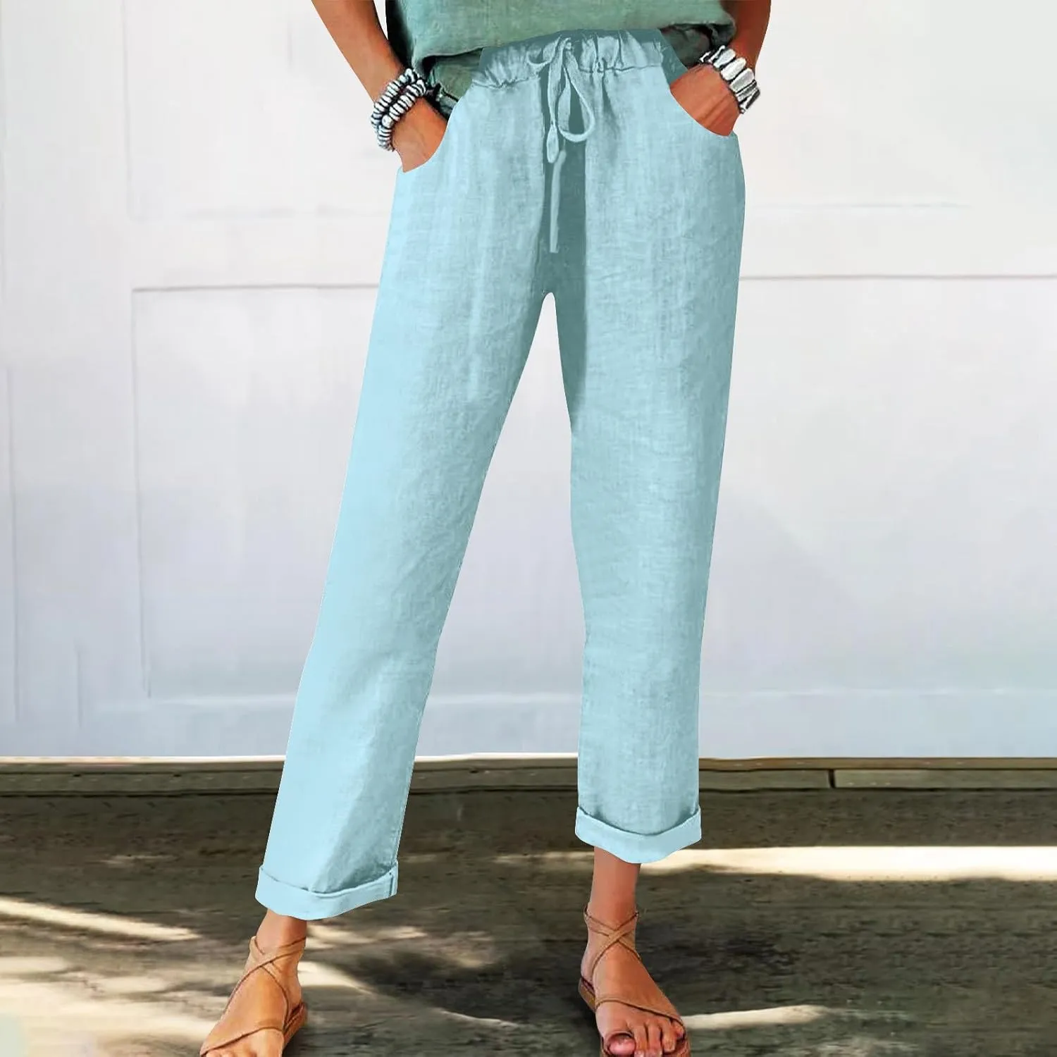 FZYLQY Cotton Linen Pants for Women 2025 Trendy Solid Elastic Waist Pants Loose Straight Leg Lounge Trousers with Pockets