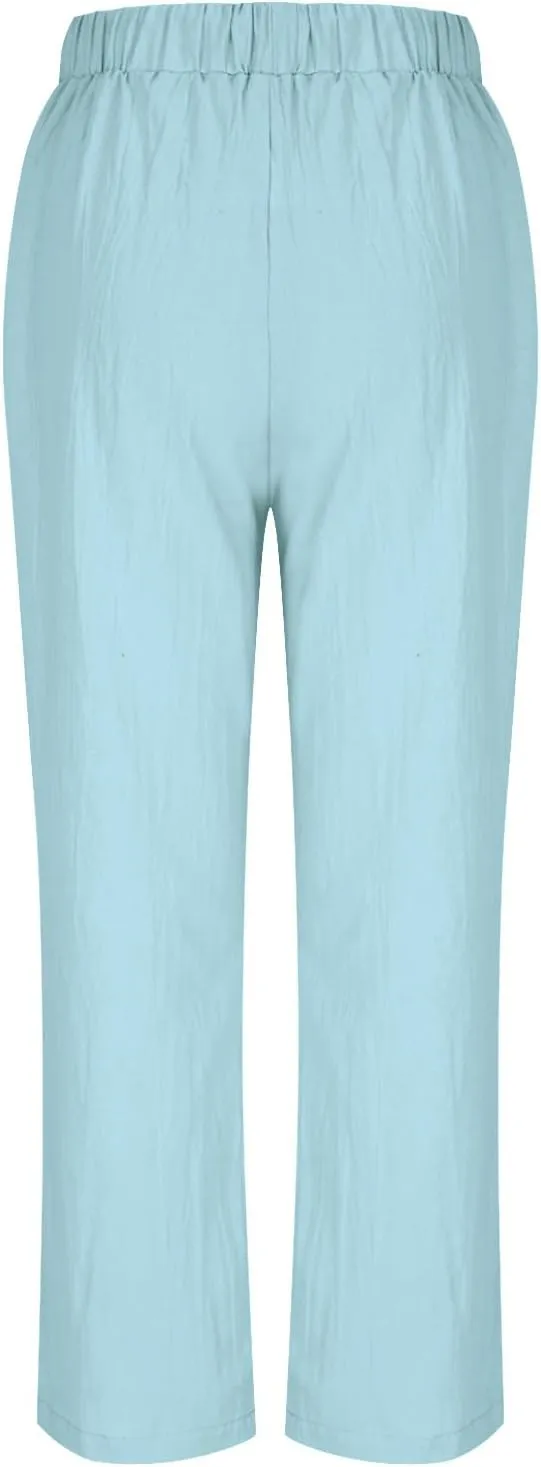 FZYLQY Cotton Linen Pants for Women 2025 Trendy Solid Elastic Waist Pants Loose Straight Leg Lounge Trousers with Pockets