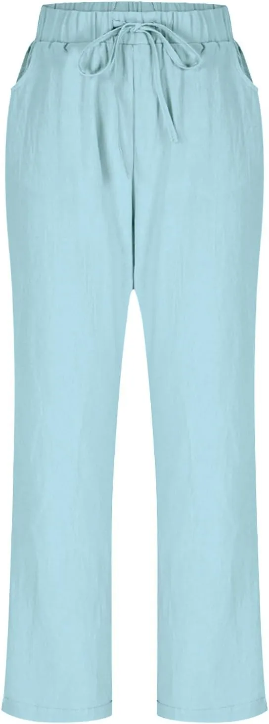 FZYLQY Cotton Linen Pants for Women 2025 Trendy Solid Elastic Waist Pants Loose Straight Leg Lounge Trousers with Pockets
