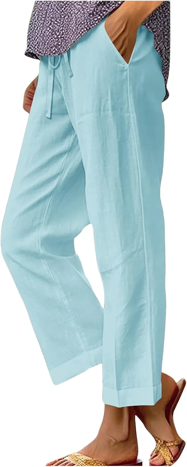 FZYLQY Cotton Linen Pants for Women 2025 Trendy Solid Elastic Waist Pants Loose Straight Leg Lounge Trousers with Pockets