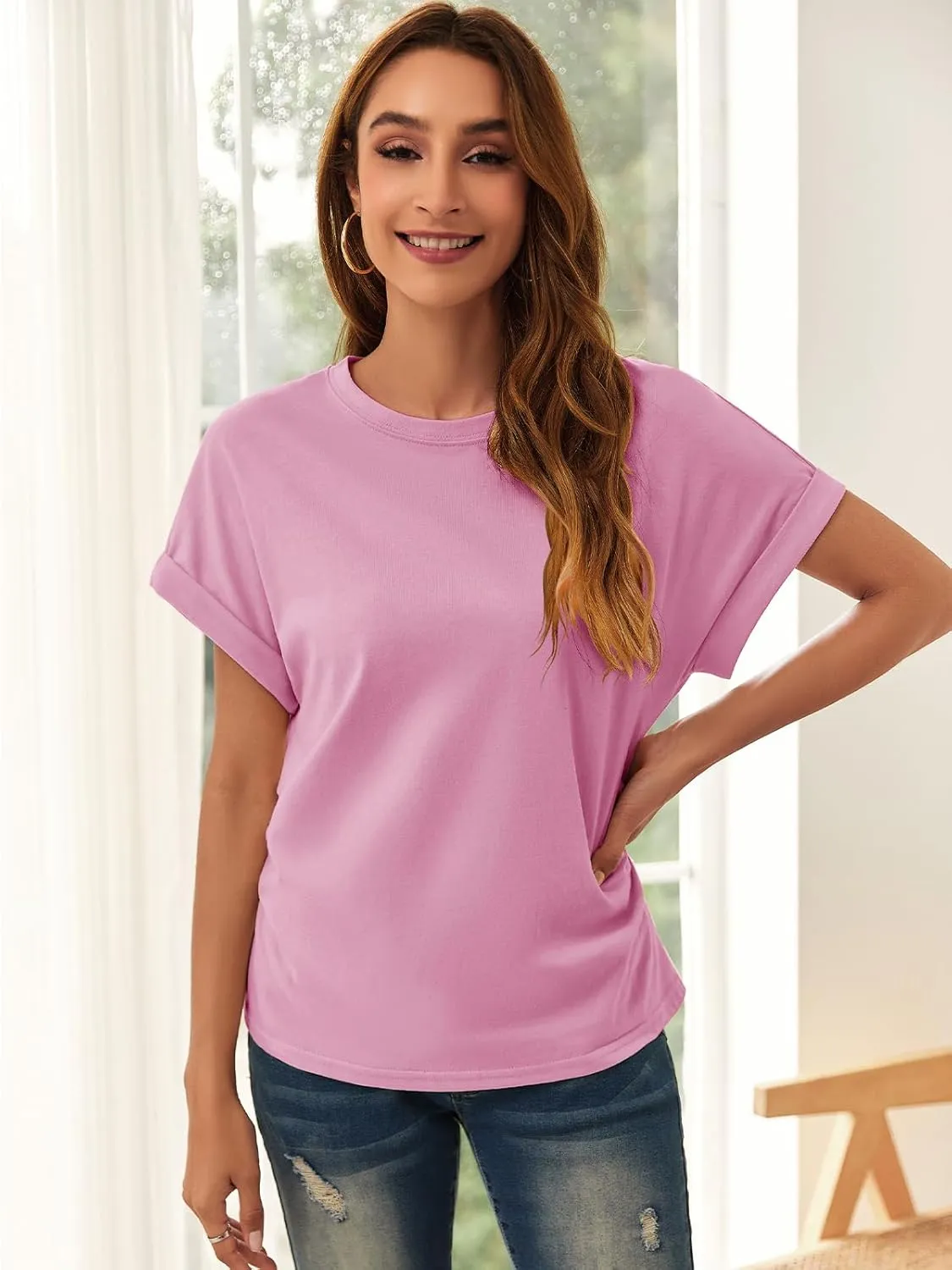 GeGekoko Women Short Sleeve Tshirts Crew Neck Basic Cotton Draped Tee Summer Ruched Side Top S-1L