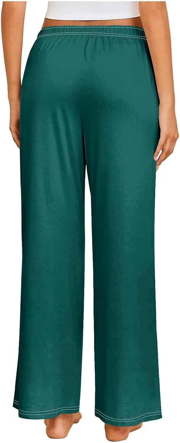 GIERIDUC Pajams Pants for Women Flowy Palazzo Pants Boho High Waist Wide Leg Trousers Summer Beach Lounge Outfits 2025