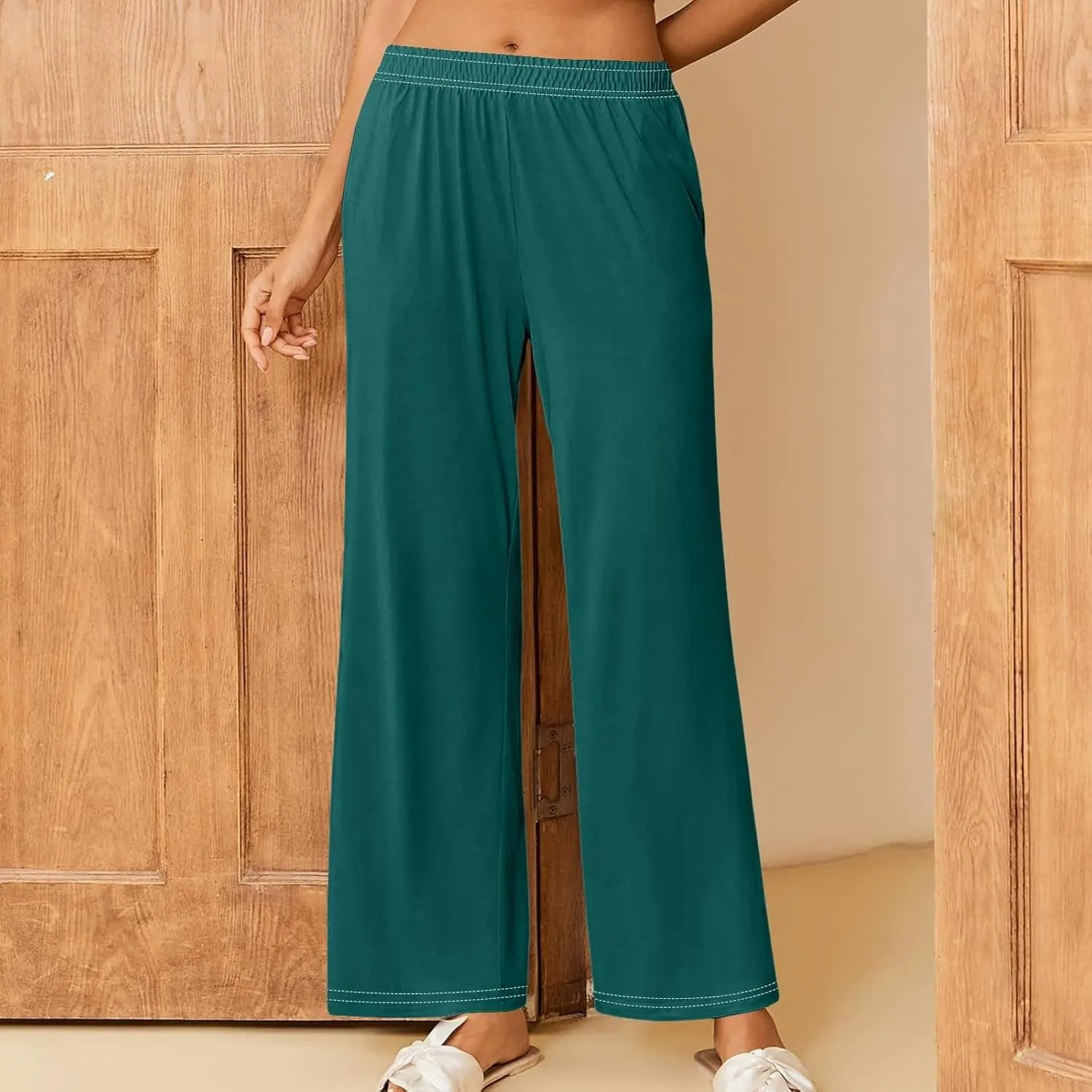 GIERIDUC Pajams Pants for Women Flowy Palazzo Pants Boho High Waist Wide Leg Trousers Summer Beach Lounge Outfits 2025