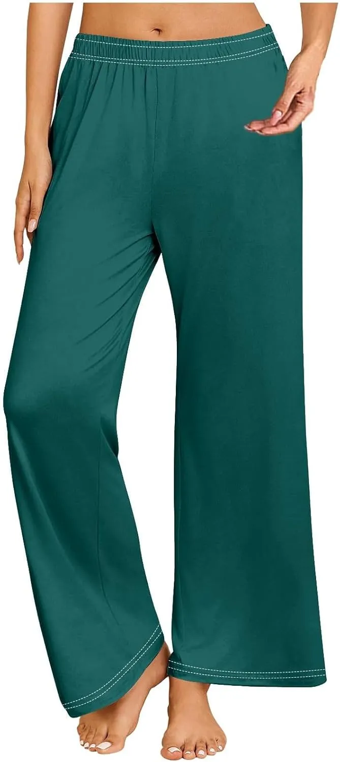 GIERIDUC Pajams Pants for Women Flowy Palazzo Pants Boho High Waist Wide Leg Trousers Summer Beach Lounge Outfits 2025