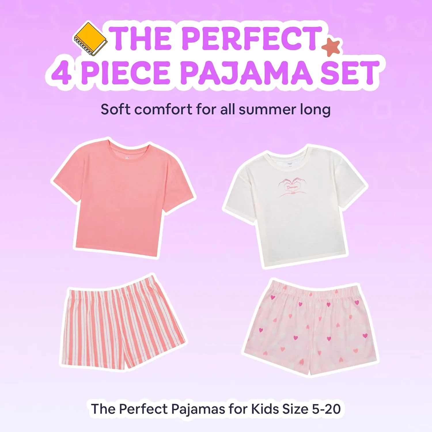 Girls Pajamas Sets- 4-Piece Cute Short Sleeve & Shorts PJ Set, Pink Girls Sleepwear, Kids Pajamas Sizes 5-16