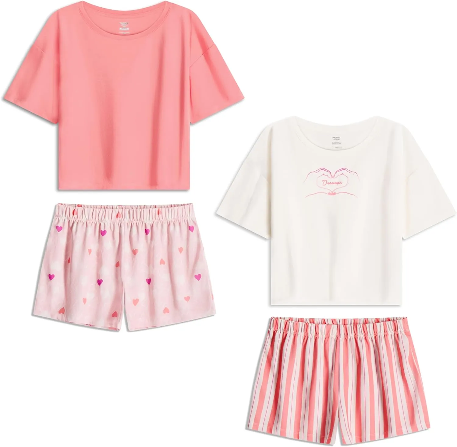 Girls Pajamas Sets- 4-Piece Cute Short Sleeve & Shorts PJ Set, Pink Girls Sleepwear, Kids Pajamas Sizes 5-16