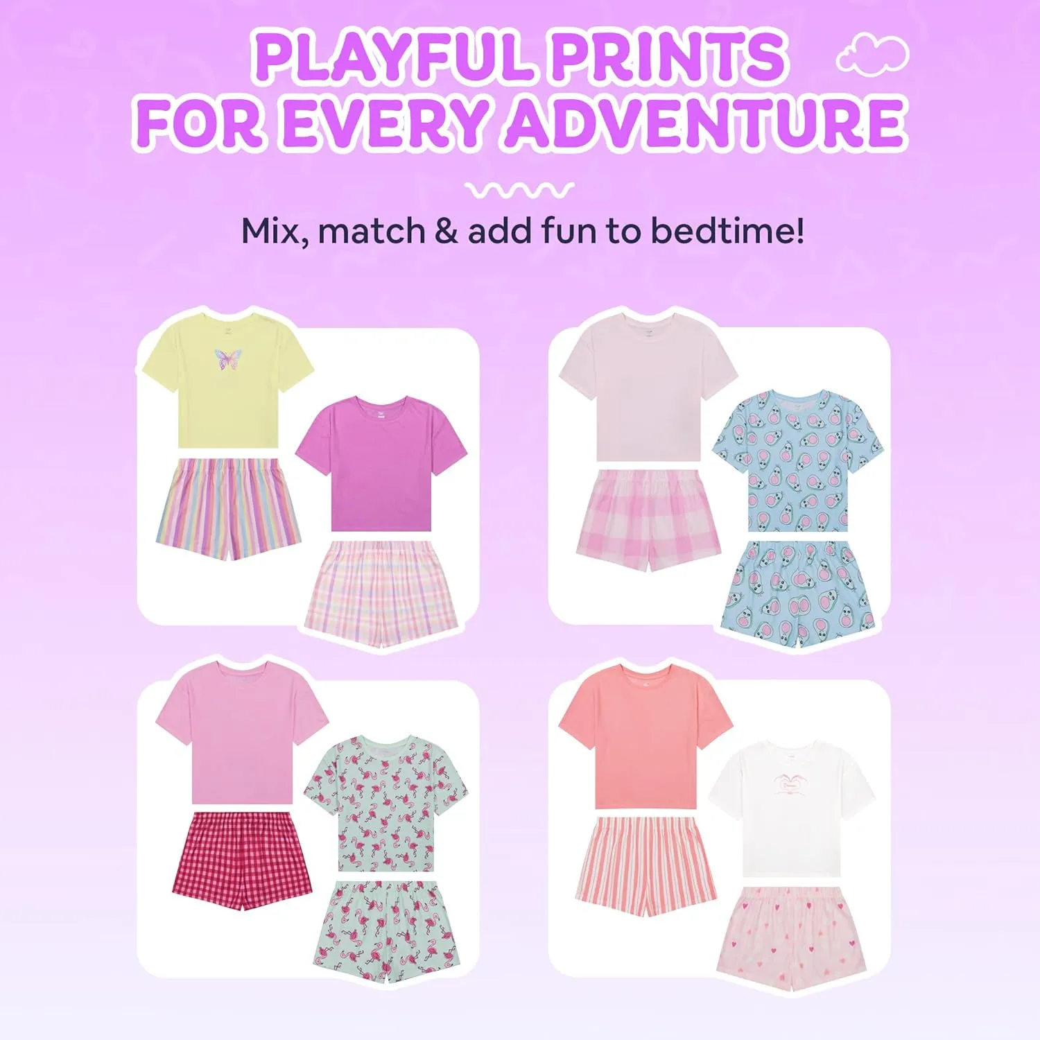Girls Pajamas Sets- 4-Piece Cute Short Sleeve & Shorts PJ Set, Pink Girls Sleepwear, Kids Pajamas Sizes 5-16