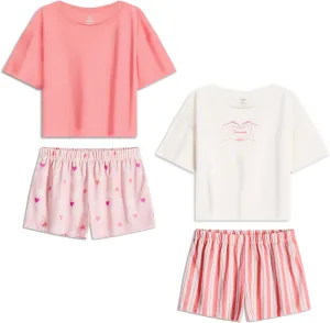 Girls Pajamas Sets- 4-Piece Cute Short Sleeve & Shorts PJ Set, Pink Girls Sleepwear, Kids Pajamas Sizes 5-16