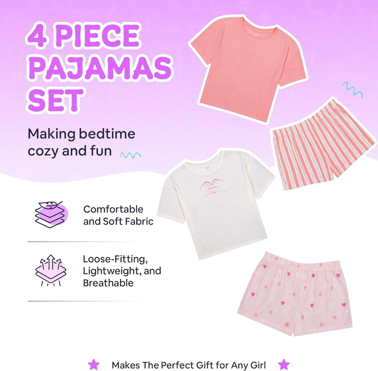 Girls Pajamas Sets- 4-Piece Cute Short Sleeve & Shorts PJ Set, Pink Girls Sleepwear, Kids Pajamas Sizes 5-16