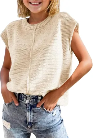 Girls Summer Cap Sleeve Tops Cute Casual Crew Neck Loose Knit Lightweight Teen Vests Fashion Shirts Tee Tops
