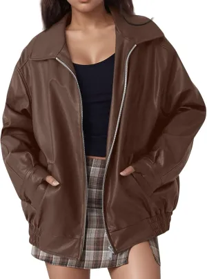 GOFULY Womens Leather Jacket Oversized Faux Full Zip Casual Coats Trendy Motocycle Jackets Winter Fall Outfits With Pockets