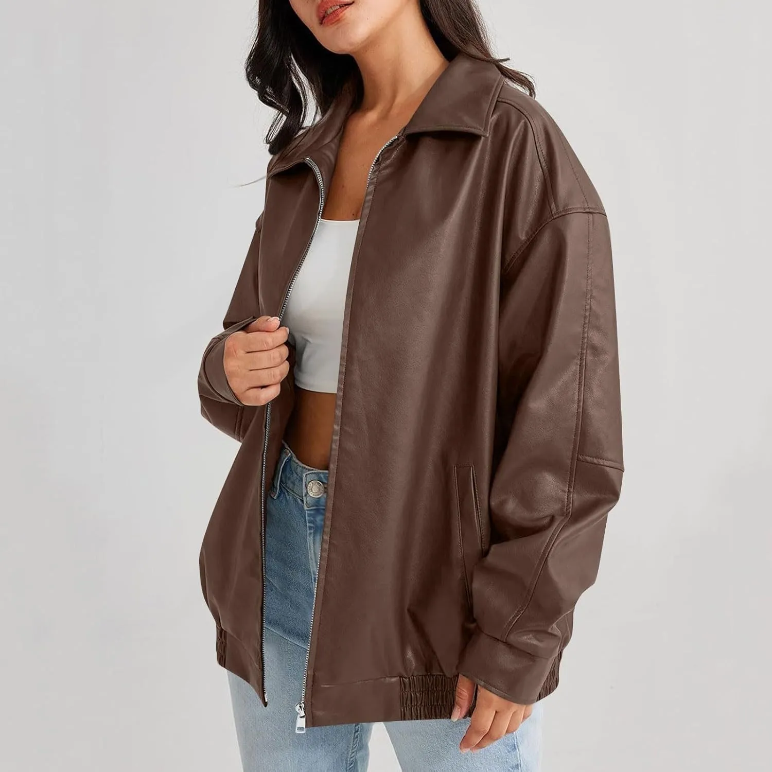 GOFULY Womens Leather Jacket Oversized Faux Full Zip Casual Coats Trendy Motocycle Jackets Winter Fall Outfits With Pockets