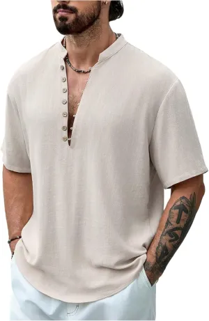 GORGLITTER Men's Deep V Neck Waffle Knit Shirt Casual Short Sleeve Solid Tee Shirts