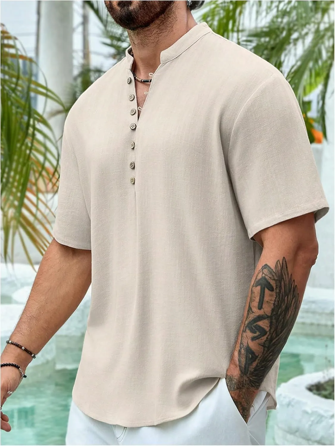 GORGLITTER Men's Deep V Neck Waffle Knit Shirt Casual Short Sleeve Solid Tee Shirts