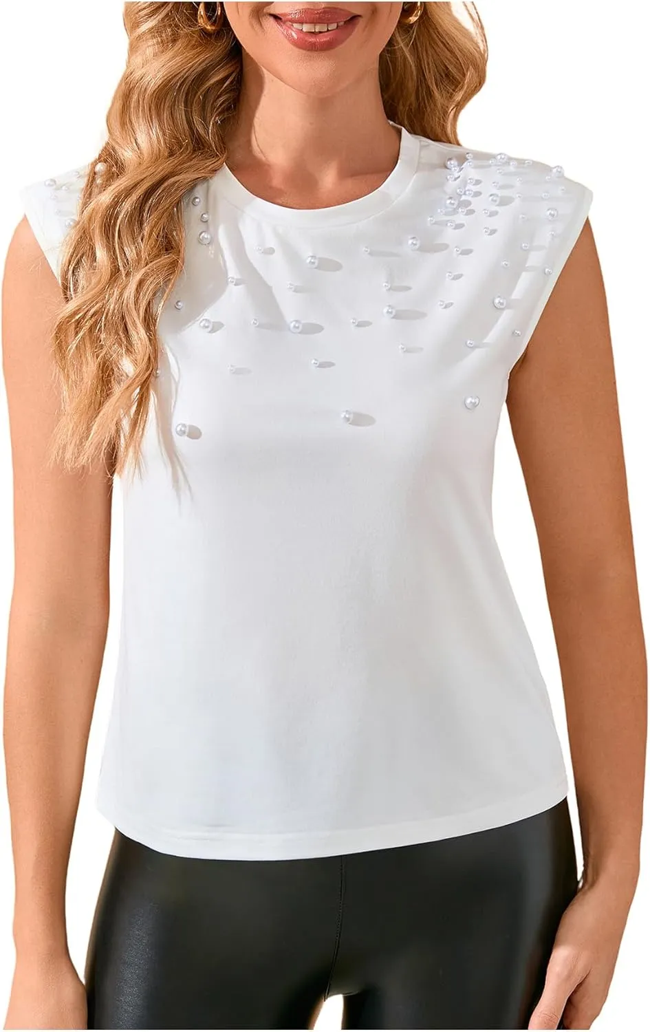 GORGLITTER Women's Pearl Beaded Top Summer Outfits 2025 Sleeveless Shoulder Pad Tee T-Shirt