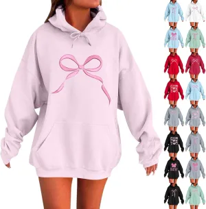 Gumipy Oversized Hoodies for Women Fleece Lined Bow Graphic Hoodies Sweatshirts Y2K Drawstring Long Sleeve Hoodies Pullover