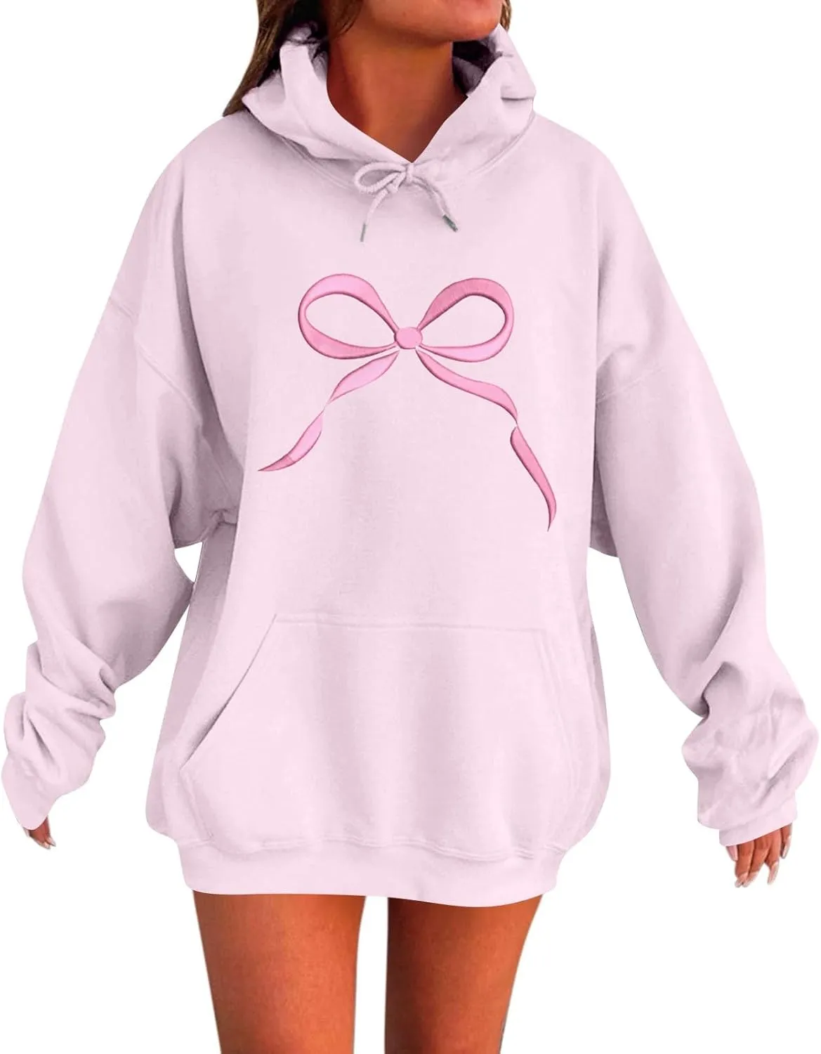 Gumipy Oversized Hoodies for Women Fleece Lined Bow Graphic Hoodies Sweatshirts Y2K Drawstring Long Sleeve Hoodies Pullover