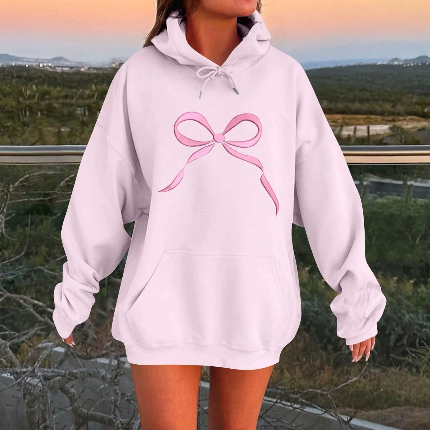 Gumipy Oversized Hoodies for Women Fleece Lined Bow Graphic Hoodies Sweatshirts Y2K Drawstring Long Sleeve Hoodies Pullover