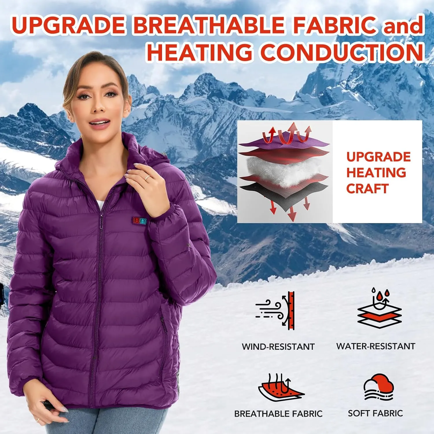 Heated Jackets for Women, 9 Heating Areas With 10000mAh Power Bank,Winter Warm Outdoor Ski Coat