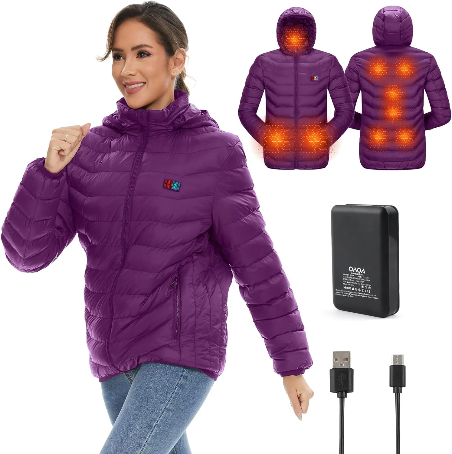 Heated Jackets for Women, 9 Heating Areas With 10000mAh Power Bank,Winter Warm Outdoor Ski Coat