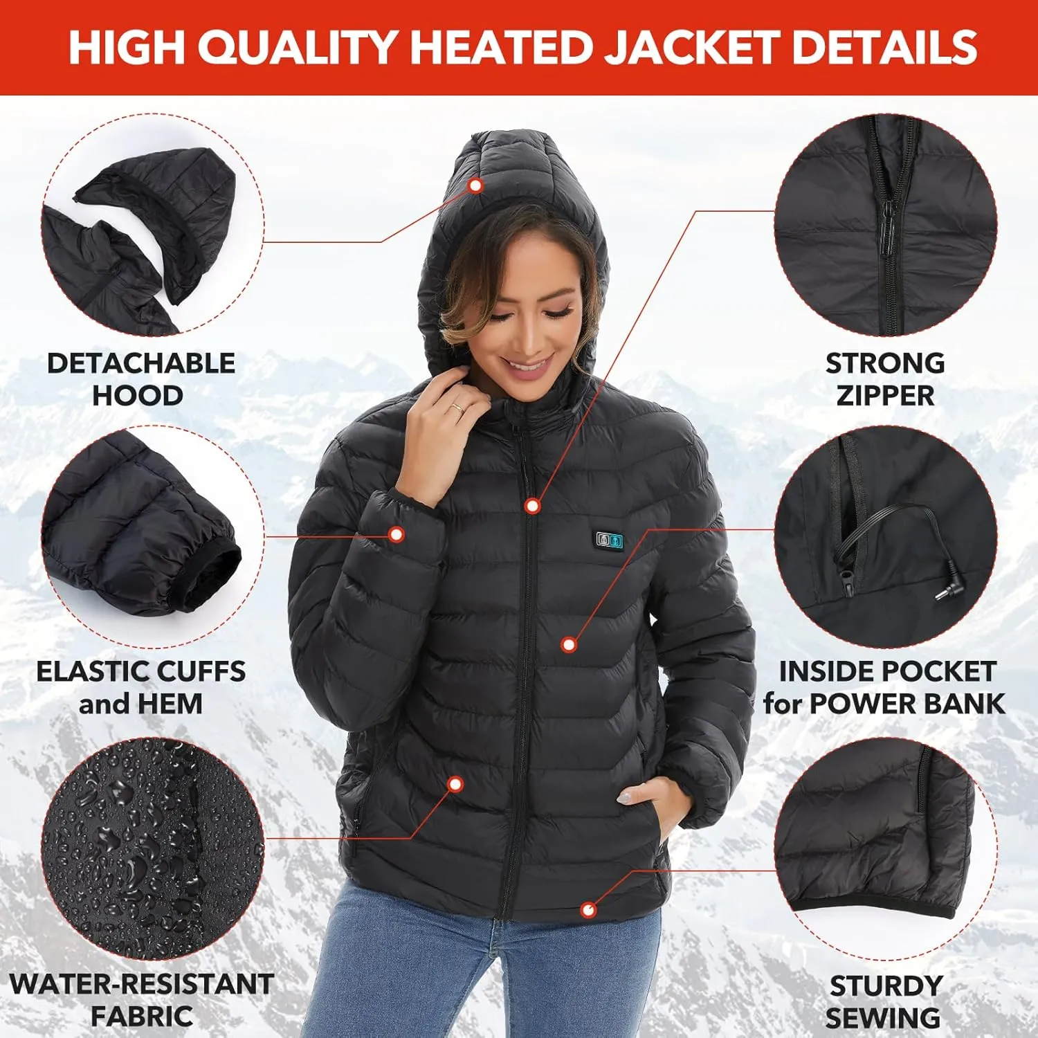 Heated Jackets for Women, 9 Heating Areas With 10000mAh Power Bank,Winter Warm Outdoor Ski Coat
